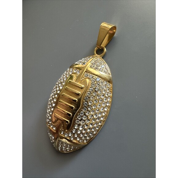 Football Pendant Chain Stainless Steel Super Bowl Gift Men’s Cubic Zirconia Gold - Picture 2 of 6